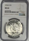 1934 D PEACE DOLLAR NGC MS 64 / SHARP WHITE COIN