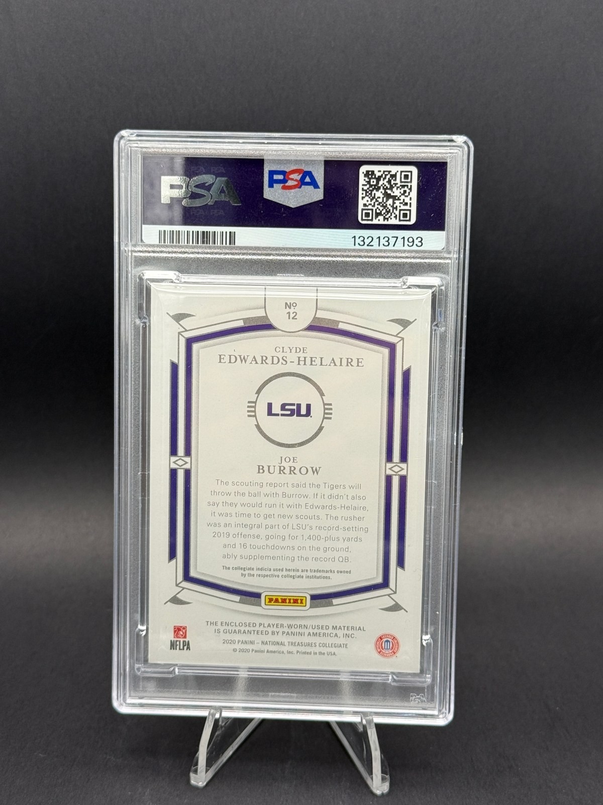2020 National Treasures Burrow Edwards-Helaire Player-Worn Relic 93/99 PSA 8 view 2