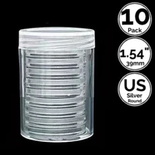 10 Pk 39 mm Coin Capsule Holder w/ Storage Tube 4 US Silver Round  Crown Dollar