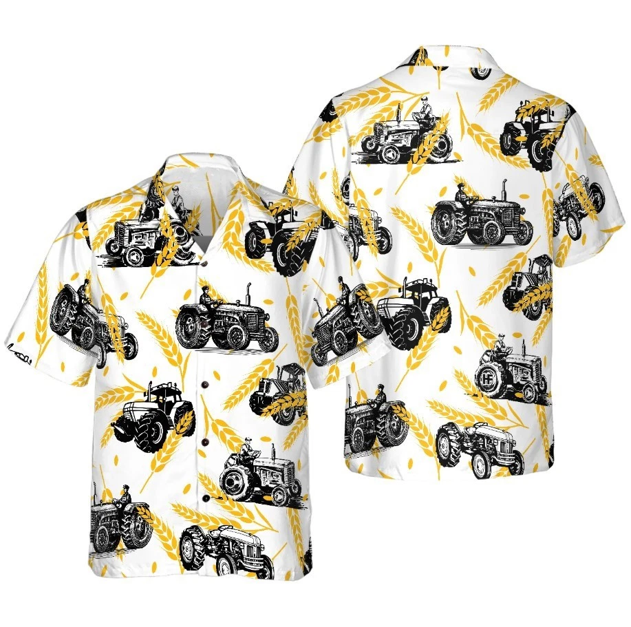 Tractors On Wheat Pattern Hawaiian Shirt