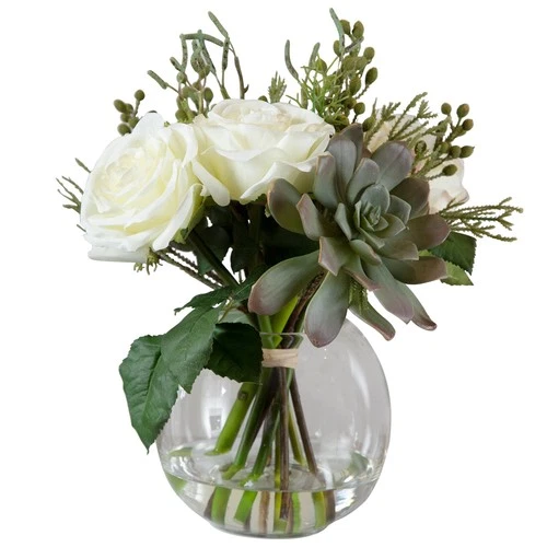 Potted Faux Artificial Cream Rose Green Succulent Flowers in Vase for Home Decor - Picture 4 of 5