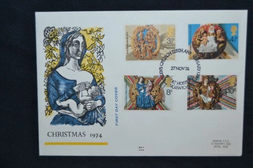 GB first day cover 1974 Christmas with St Helens Church cancel on special cover
