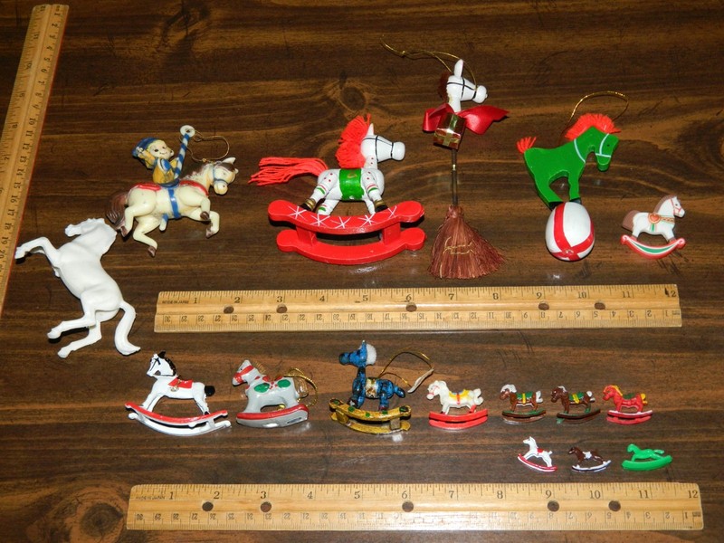 Large Vintage Mixed Lot Rocking Horse Figures Ornaments Plastic Wood Metal
