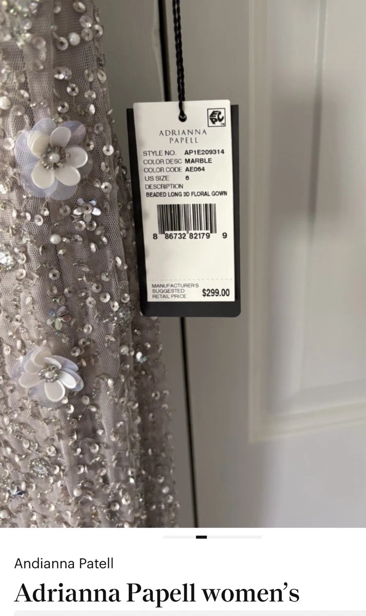 Vestido Largo Adrianna Papell Floral Cuentas Lentejuelas Malla Cuello Barco Talla 6