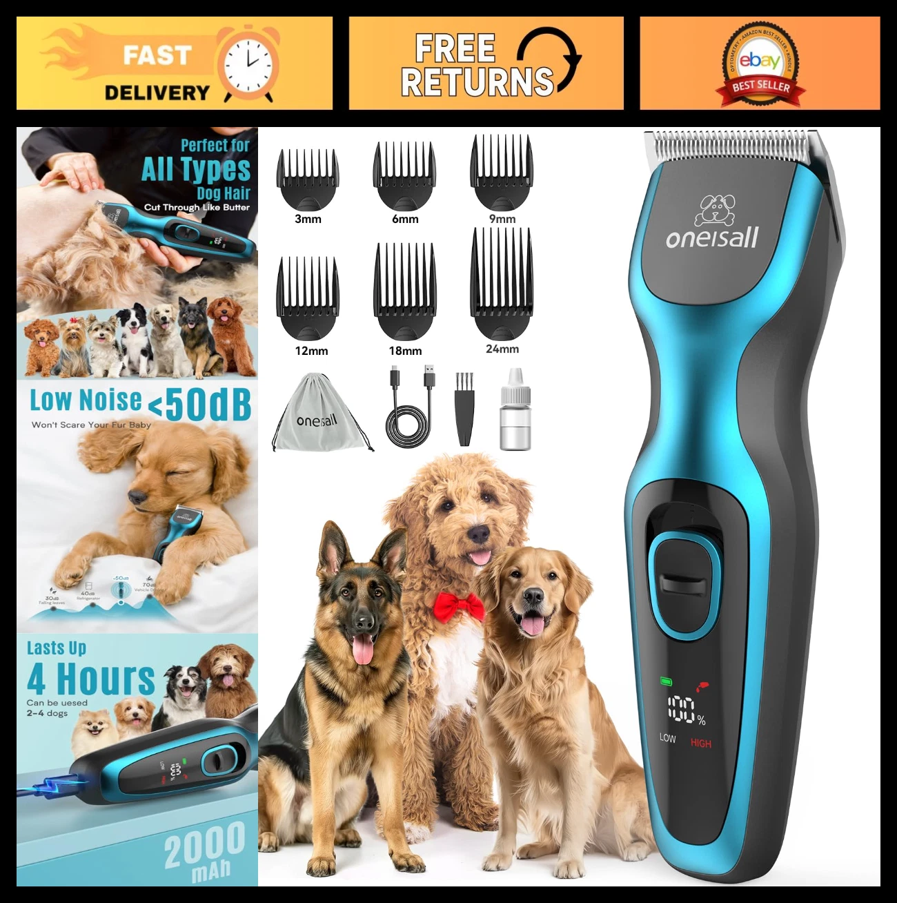 Dog Grooming Clippers for Thick Coats, Cordless Rechargeable, Detachable Blade K