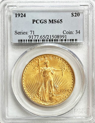 1924 GOLD US $20 SAINT GAUDENS DOUBLE EAGLE COIN PCGS MINT STATE 65
