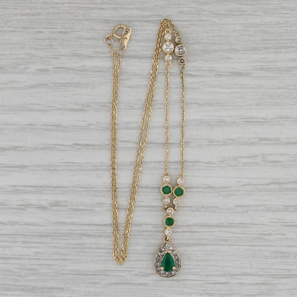 Collar Lariat de diamantes esmeralda de 0,90 quilates de oro amarillo de 14 k cadena cable de 16,5" Foto 3 de 4