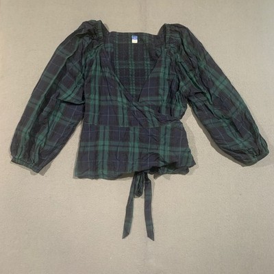Old Navy Womens XXL Academia Plaid Wrap Peplum Blouse Smocked Balloon Sleeve