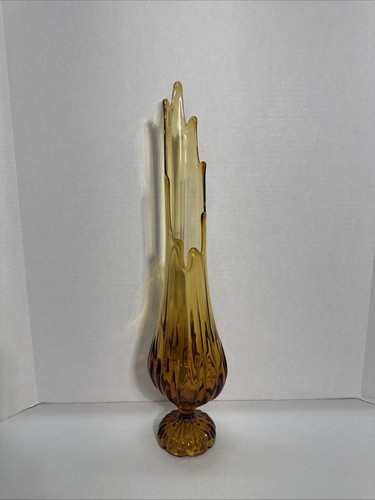 DE COLECCIÓN L.E. Jarrón Smith Amber Simplicity pedestal acanalado oscilante 21,5" MCM soplado a mano - Imagen 2 de 24