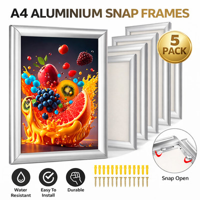 A4 Aluminium Schnapprahmen | Silber Posterrahmen | Wandmontage | Multipack
