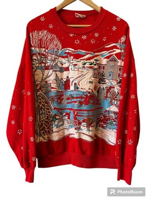 VTG 80 s Nutcracker Christmas Sweatshirt Skating Scene Puffy Red Womens L  Ugly