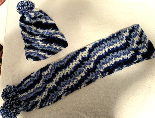 Multicoloured Blue Patterned Adult Knitted Hat And Scarf Set - Handmade SALE