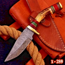 handmade Damascus steel skinning stag antler knife hunting outdoor fixed blade