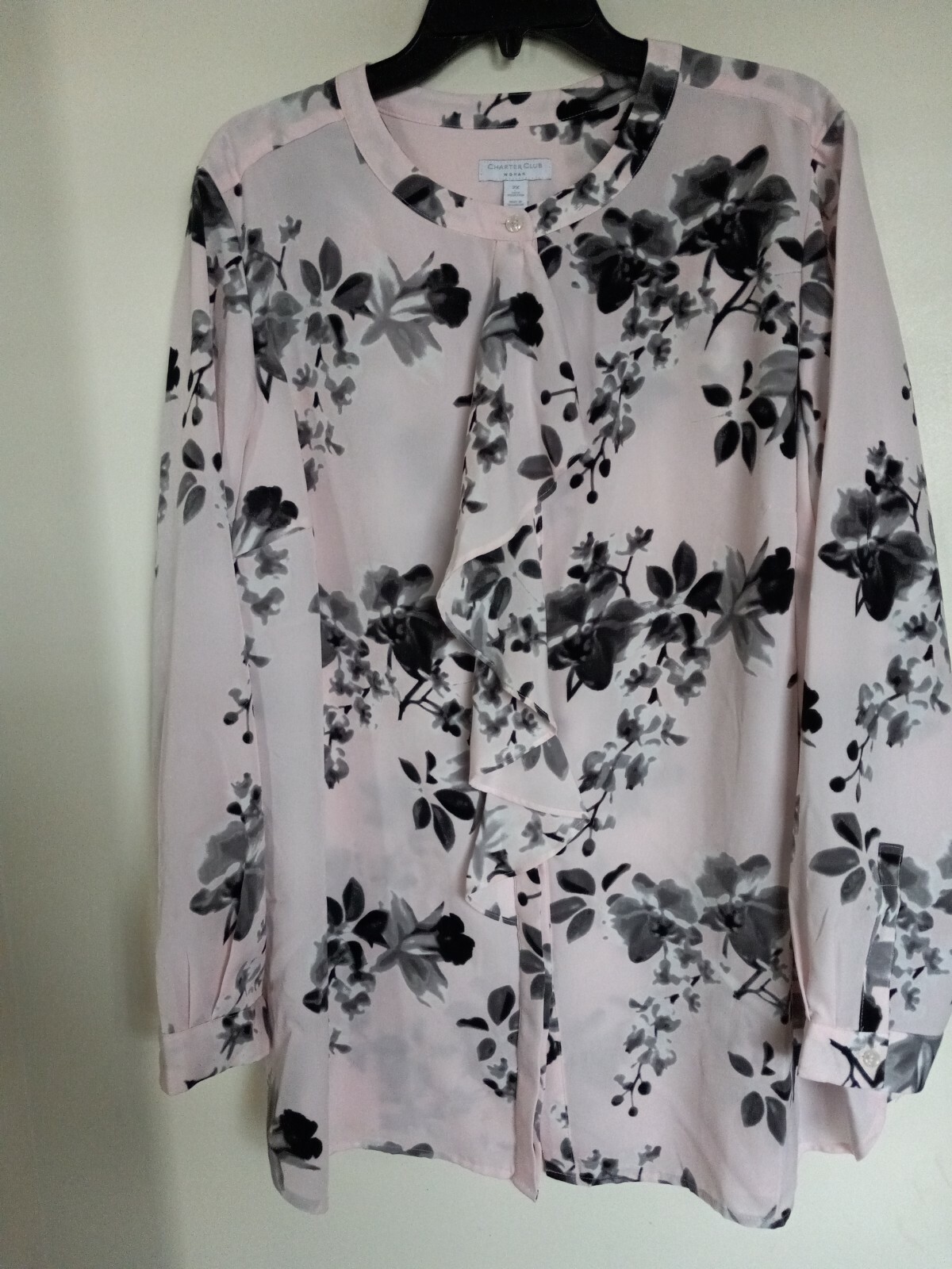 Charter Club Womens 2X Pink floral Linen button Up Blouse Long Sleeve Collared