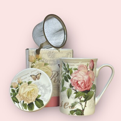 Easy Life Porzellan Tasse Teetasse mit Deckel Rosen Jardin Botanique 300ml NEU