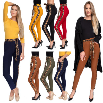 Damen High Waist Hose Panther Streifen Gürteltaschen Taillierte Hose OL602