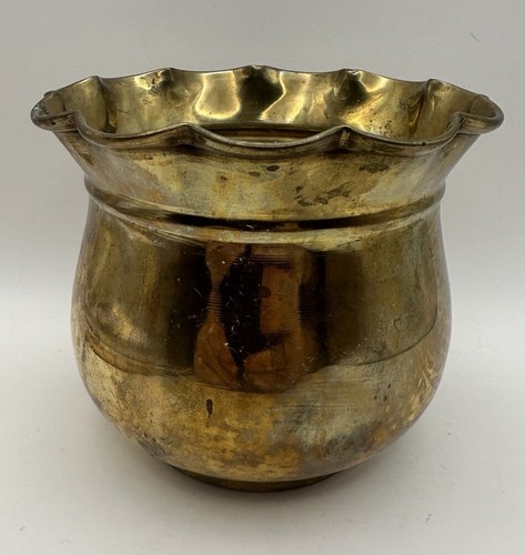 Vintage Brass Round Planter Ruffled Rim 4” T 4.5”W Nice Patina - Picture 15 of 20