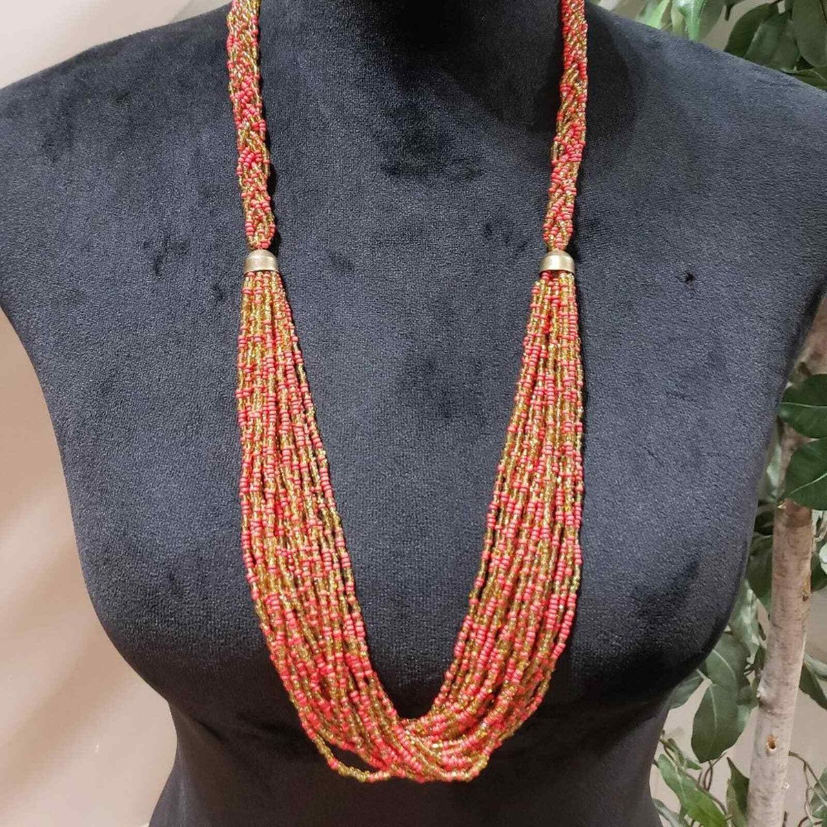 Womens Multi Strand Red Gold Glass Seed Beaded Long Necklace  display picture 1