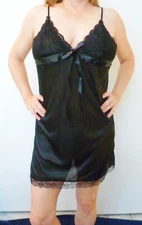 BEYOND SEXY!! BLACK SATIN SHEER LACE CHEMISE WITH PANTIES 2 PC SLEEP SET M L NWT