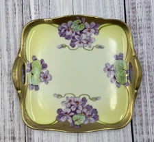 Vintage Trinket Dish Grapevine Leaves Handles Porcelain Tray Gold Trim Signed
