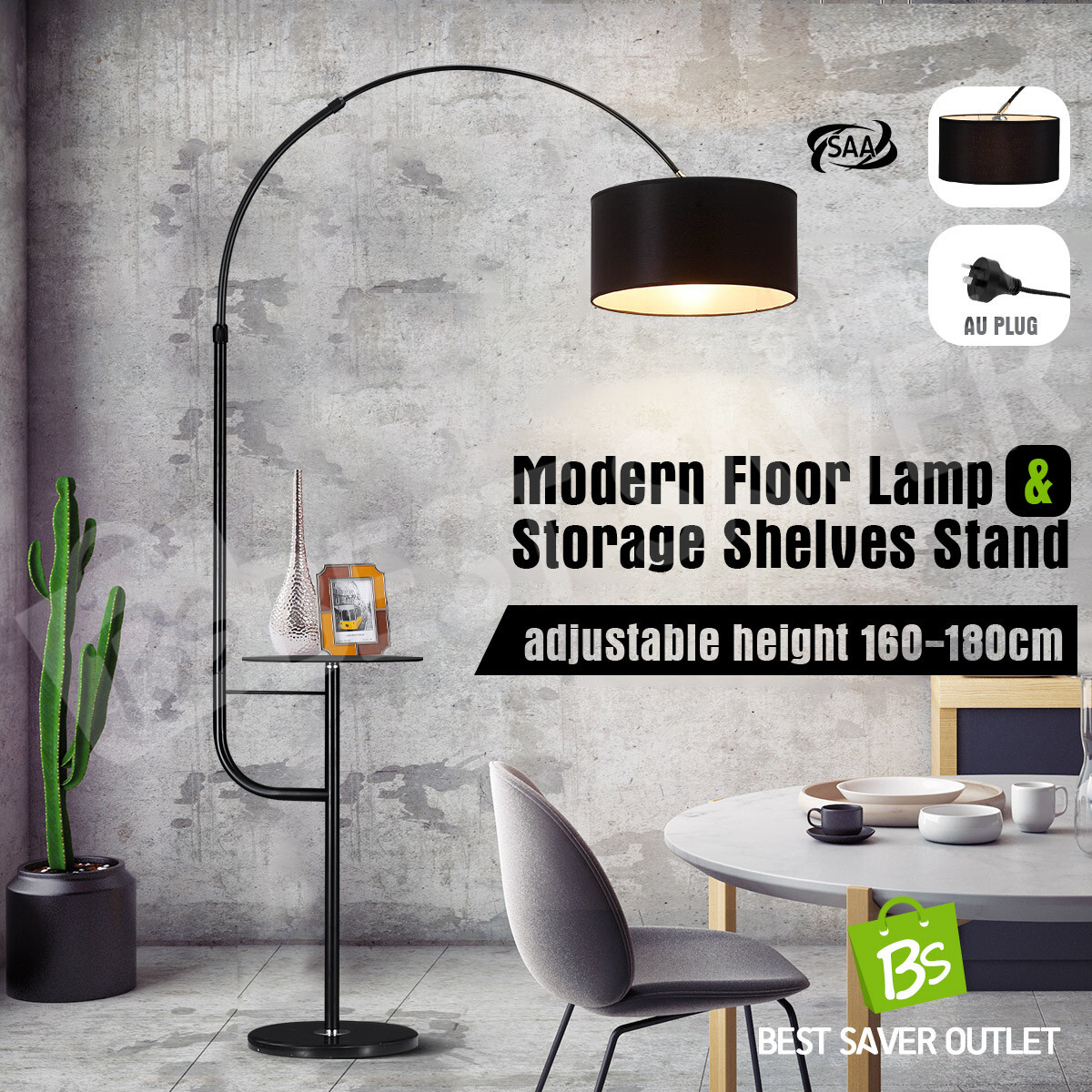 Modern Black LED Floor Lamp Arc Standing Corner Reading Light