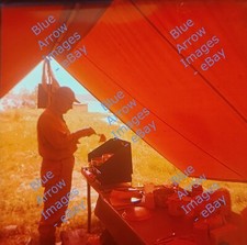 1960s 35mm Slide Large Format Man Camping Grilling Under Tent #2990