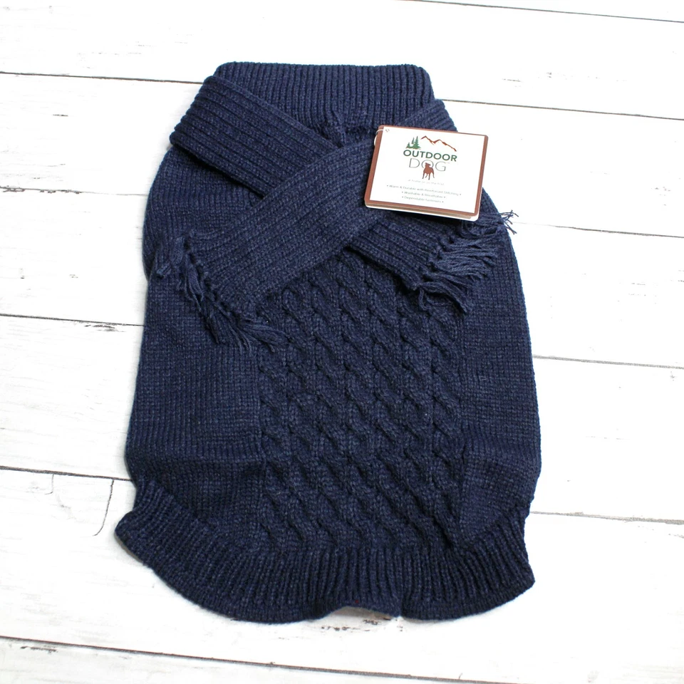 Outdoor Dog Blue Cable Knit Sweater Jacket Size M Winter Coat Fringe Scarf - Image 3 of 4