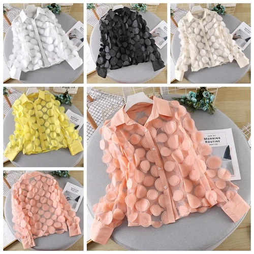 3D Women Mesh Chiffon Blouse Tops Puff Sleeve Sheer Polka Dot Shirt - Picture 13 of 23