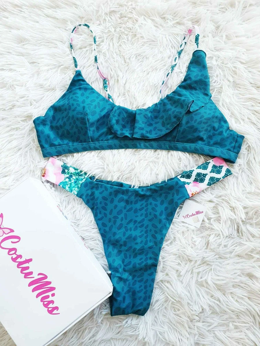 Bikini sgambato slip brasiliana a fascia volant verde rosa costume