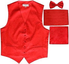 New Men's Paisley Tuxedo Vest Waistcoat Cummerbund Bow tie Hankie Red