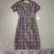 Vintage 60s Mindy Ross Womens Purple Green Checkerboard Midi Dress NWT 15