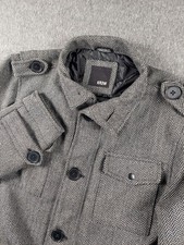Kr3w Herringbone Field Jacket Mens Medium Gray Military Style Lined Pea Coat EUC
