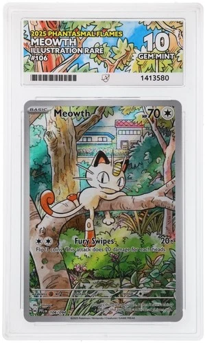 2025 PHANTASMAL FLAMES MEOWTH ILLUSTRATION RARE 106/094 ACE 10 PERFECT SUBGRADES
