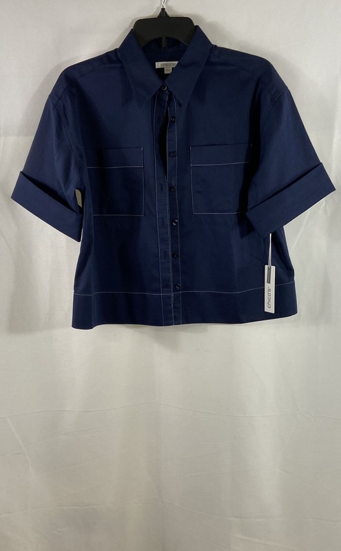 Chico's Women's Classic Navy No Iron Short Sleeve Button Down Shirt NWT Sz 0.5