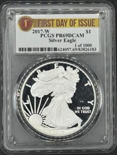 2017-W $1 PROOF AMERICAN SILVER EAGLE FIRST DAY ISSUE 1 OF 1000 PCGS PR69 DCAM
