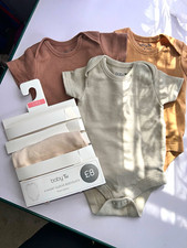 baby Tu Newborn 4pc Cotton Ribbed Bodysuit Set SS Snap Round Neck Beige
