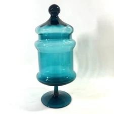 Vtg Empoli Glass Optic Peacock Blue Teal Apothecary Jar Circus Tent Lid 10" EVC