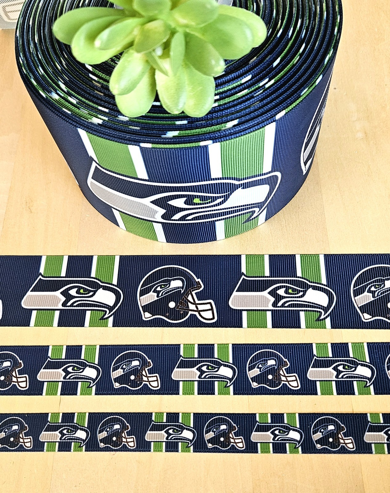 5/8, 7/8, 1.5 & 3" (1YD) Seattle Seahawks Grosgrain Ribbon Football