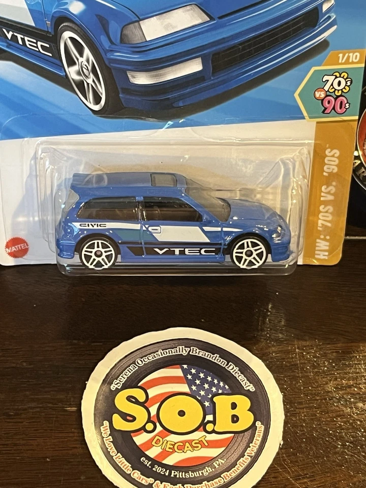 Tarjeta azul Hot Wheels 1990 Honda Civic EF hatchback diecast sellado usado casi nuevo estado Foto 3 de 4