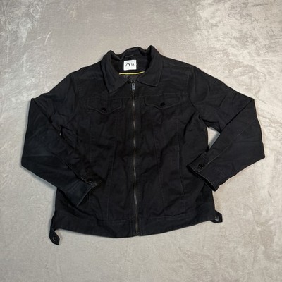 Zara Jacket Womens Large Black Full Zip Trucker Pockets Medium Wash Denim