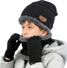 Kids Winter Hat Scarf Touchscreen Gloves Set  Knitted Beanie with Fleece Lining,