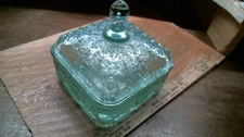 Rare Tiara Indiana Glass Covered Candy Dish, Bee & Beehive Motif, Chantily Green