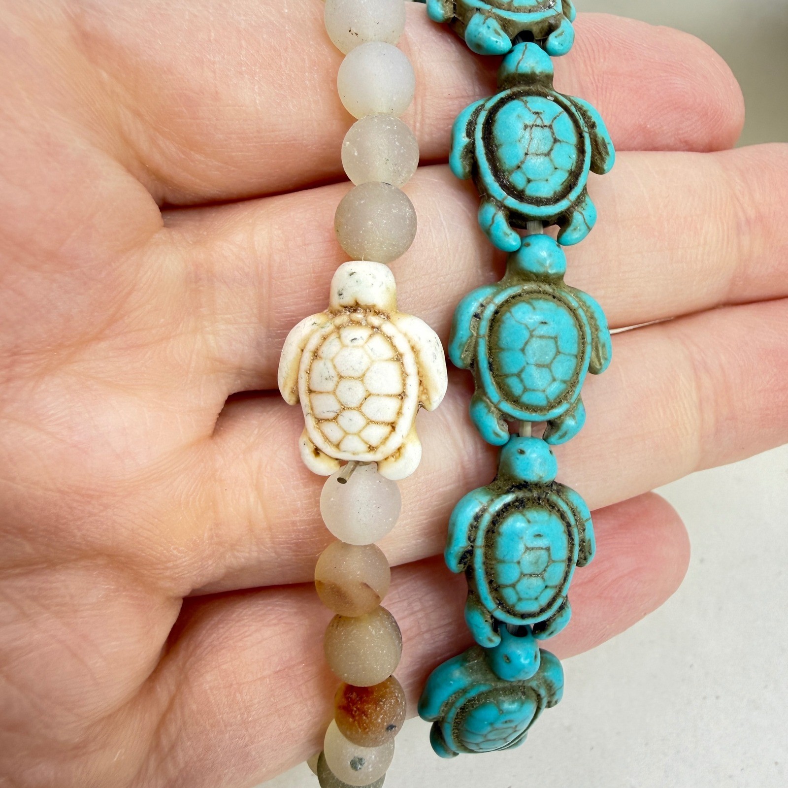 Stackable Beaded Bracelets Sea Turtle Charm Natur… - image 1