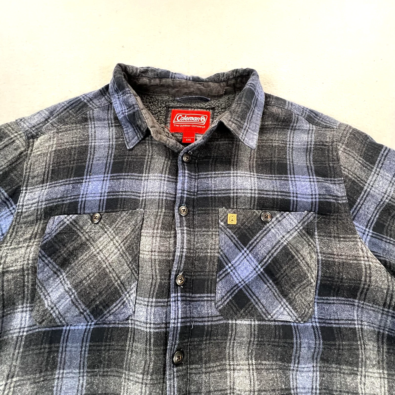 Coleman Shirt Jacket Mens XXL Gray Blue Plaid Sherpa Lined Flannel Outdoor