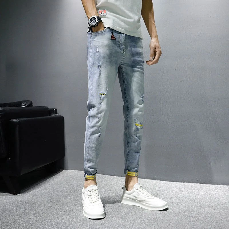 Men's Ankle Denim Casual Slim Jogger Pants Elastic Jeans Ripped Skinny Trousers