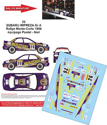 DECALS 1/43 REF 0022 SUBARU IMPREZA POSTEL RALLYE MONTE CARLO 1996 RALLY