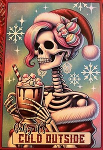 Gothic Sugar Skull Baby It’s Cold Outside Hot Cocoa Santa Hat Postcard #4661A