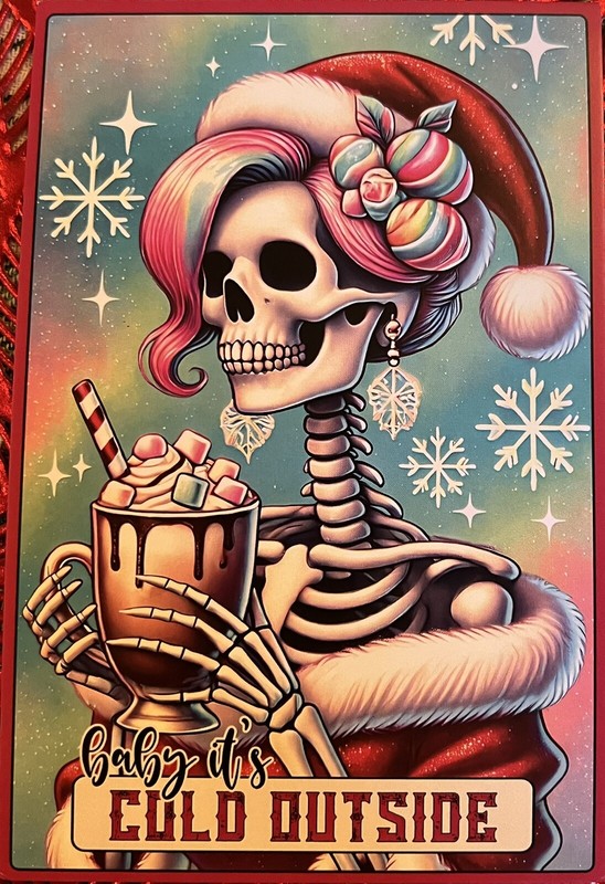 Gothic Sugar Skull Baby It’s Cold Outside Hot Cocoa Santa Hat Postcard #4661A
