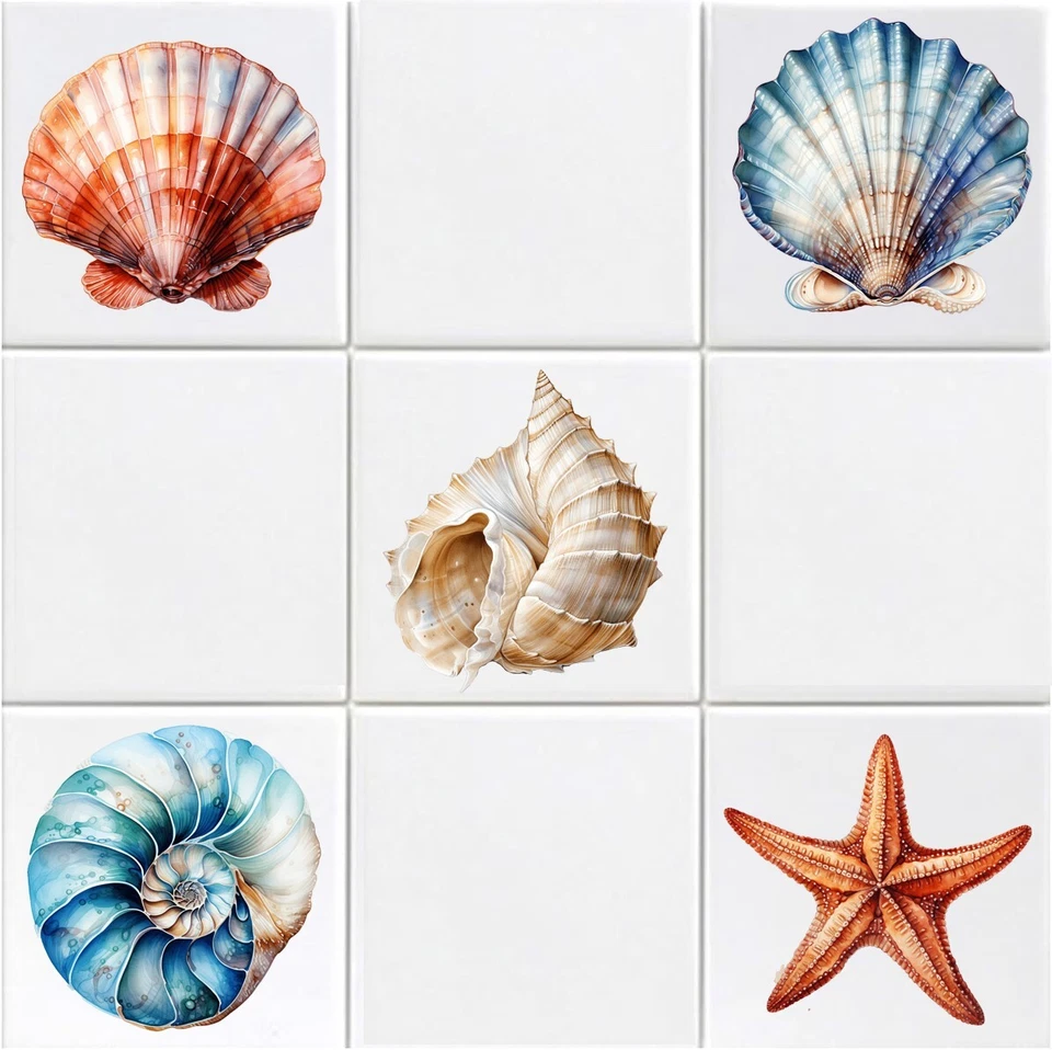 HODGE CREATIONS Nautical Sea Shells Pack of 30 Vinyl Tile Stickers Bathroom Kitchen Sea Life