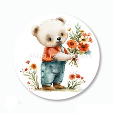 Adorable Teddy Bear Boy with Daisies Labels Stickers Envelope Seals Labels